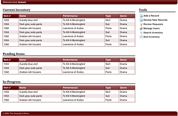 Login screen from the Costume Shop Costume Archive
