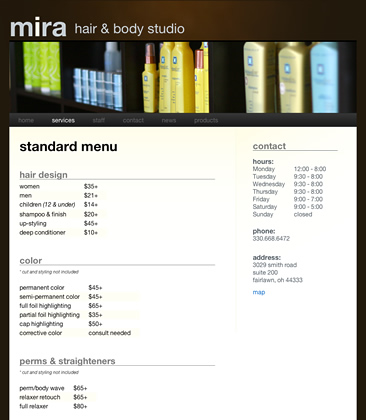 Sub-page for mira hair & body studio