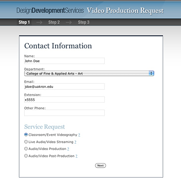 Step-1 from the University of Akron online Video Request Form